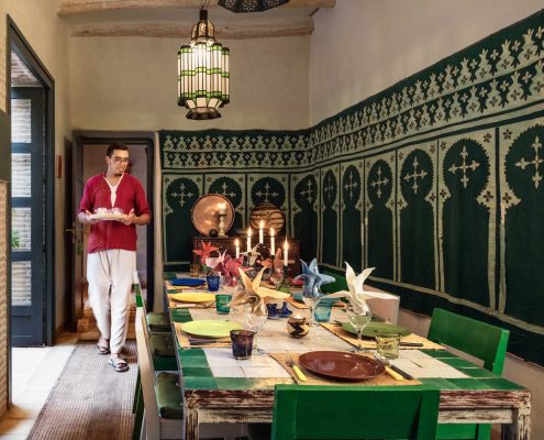 The dining room prepared for guests
